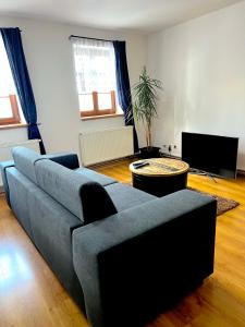 a living room with a blue couch and a tv at Apartmány U Vodního hradu in Česká Lípa