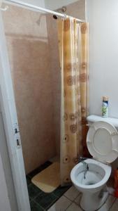 La salle de bains est pourvue de toilettes et d'un rideau de douche. dans l'établissement TRINIDAD, à San Juan