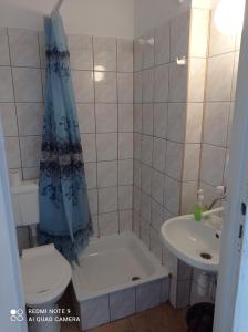 a bathroom with a shower curtain and a sink at LKS Charzykowy 4 in Charzykowy