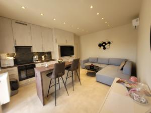 eine Küche und ein Wohnzimmer mit einem Sofa und einem Tisch in der Unterkunft Lara II Apartman in Debrecen