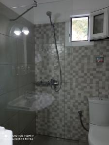 a bathroom with a glass shower with a toilet at Studios Dimitra in Spartià +15 photos