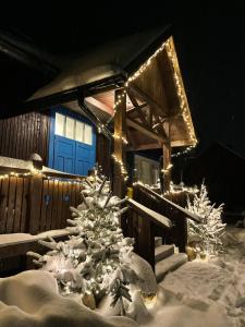 two christmas trees are covered in snow with lights at Chata pod Rogową Apartamenty in Javorina