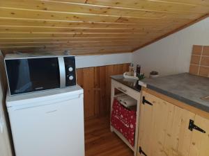 a kitchen with a microwave on top of a refrigerator at STUDIO L'ISERAN, et GARAGE pour motos et vélos, gare à 800m in Fourneaux