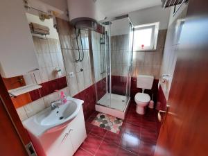 a bathroom with a shower and a sink and a toilet at Apartmani Scripea in Škrip +29 photos
