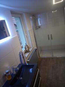 a bathroom with a blue sink and a shower at Ferienhaus Winfried in Weberstedt