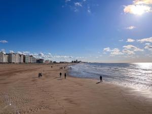 un grupo de personas caminando por la playa en Location Commodore Oostende, en Ostende