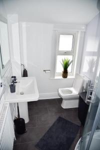 a bathroom with a toilet and a sink and a window at Fern Villa in Conwy