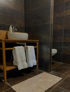 a bathroom with a sink and a toilet and towels at La Maison du Petit Jacques in Aumagne