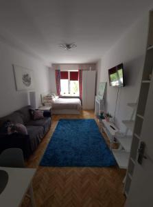 sala de estar con sofá y alfombra azul en Apartament Waszyngtona, en Varsovia