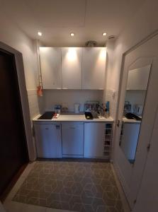 a small kitchen with white cabinets and a sink at Apartament Waszyngtona in Warsaw