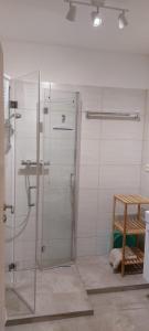 ジールクスドルフにあるMEERBLICK PERLE, 3-RAUM-FEWO AM HANSAPARKのバスルーム(ガラス張りのシャワー、テーブル付)