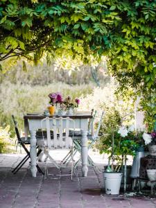 uma mesa com flores debaixo de uma árvore em Le Molina B&B em Massa e Cozzile