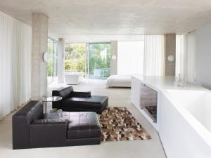 H-House Architectural Residence في ماستريخت: غرفة معيشة مع أريكة سوداء ومدفأة