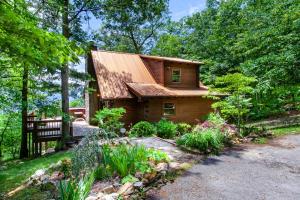 une cabane en rondins dans les bois avec un jardin dans l'établissement The Vision Mtn View Hot Tub Wood Fireplace, à Sevierville