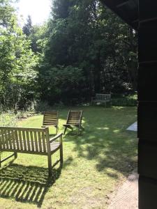 two benches sitting in the grass in a park at Fins Boshuis in Meppen