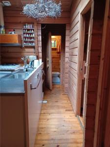 eine Küche mit einer Theke und einem Waschbecken in einem Haus in der Unterkunft Fins Boshuis in Meppen