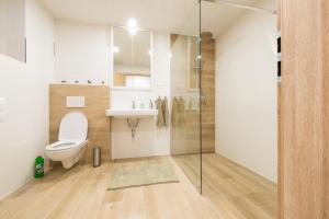 een badkamer met een toilet, een wastafel en een douche bij Apartman RÁZUSA CENTRUM in Banská Bystrica +9 foto's