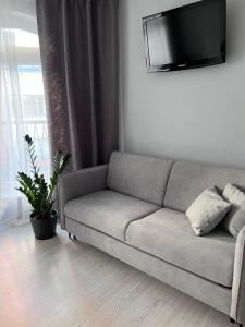 Kamienica 22 Old Town في غدانسك: أريكة رمادية في غرفة المعيشة مع تلفزيون بشاشة مسطحة