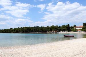 a boat in the water on a beach at Apartmani Gavran in Pirovac