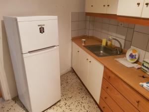 eine Küche mit einem weißen Kühlschrank und einer Spüle in der Unterkunft SIXORIZON NEW PRIVATE APARTMENT IN THESSALONIKI IPPOKRATEIO gr in Thessaloniki