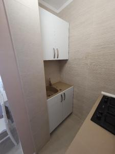 małą kuchnię ze zlewem i białymi szafkami w obiekcie Apartament ultracentral Gabriel w mieście Drobeta-Turnu Severin