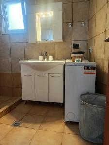 a bathroom with a sink and a small refrigerator at Ostria 2 Bedroom apartment near Falasarna + Balos in Plátanos