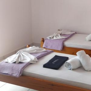 メガリ・アモスにあるMaria Studios Skiathosのベッド2台(紫と白のタオル付)