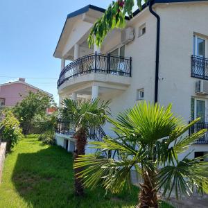德米爾卡皮亞的住宿－Villa Bratislava，一座带阳台的建筑,前面有棕榈树