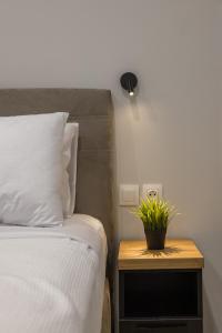 een slaapkamer met een bed en een tafel met een plant erop bij Raise Averof Serviced Apartments in Athene