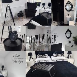 a collage of photos of a bedroom with a bed and a mirror at Willa La mer in Ustka