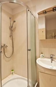 a bathroom with a shower and a sink at Luksusowy Apartament III in Sopot