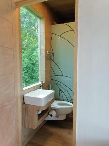 a bathroom with a toilet and a sink and a window at Quinta Punta Sam in Cancún