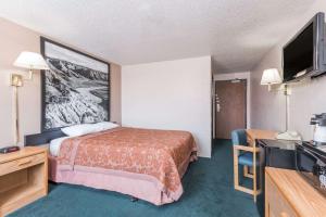 um quarto de hotel com uma cama e uma televisão de ecrã plano em Glendive Lodge em Glendive