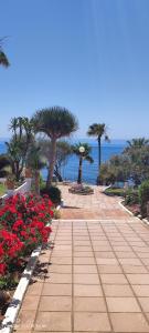 a walkway with flowers and palm trees in front of the ocean at AlgaidaBeach-PaseoLitoral in Sitio de Calahonda