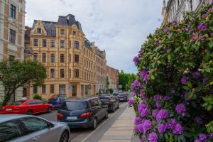 eine Stadtstraße mit parkenden Autos und Blumen auf dem Bürgersteig in der Unterkunft Stilvolle FeWo Augusta I in Görlitz