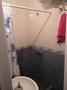 een badkamer met een douche, een toilet en een wastafel bij Sutomore apartments Anika in Sutomore