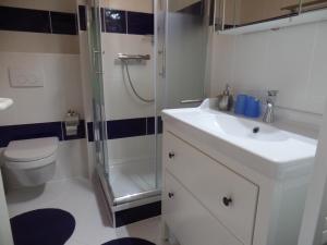 a bathroom with a sink and a shower and a toilet at Ferienpark Sierksdorf App 773 - Strandlage in Sierksdorf