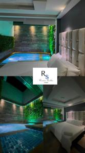 uma colagem de fotografias de um quarto com uma piscina em Hotel River Suite em Letícia