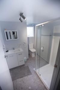 a bathroom with a toilet, sink, and shower at Tuross Head Motel in Tuross Heads