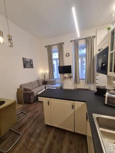 cocina grande y sala de estar con sofá en Akácfa Boutique Apartment, en Budapest
