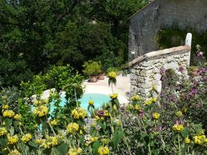 a garden with flowers and a swimming pool at Gites Loste in Beauville