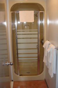 a shower with a glass door in a bathroom at Leisure Inn in Haileybury