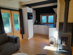 a living room with a stove and a kitchen at 5 persoons chalet met gezellige houtkachel nabij Wildlands Emmen in Schoonebeek