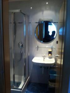 bagno con doccia, lavandino e specchio di villa mahlfertheiner a Castelrotto