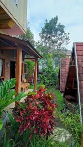 Bliss family cottage Batu في باتو: حديقة أمام منزل به زهور حمراء