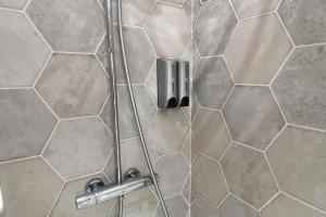 porta doccia con dispenser di sapone su una parete di La Villa aux Oliviers a Eu
