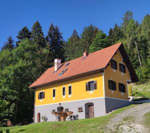 una casa gialla e bianca su una collina di Die Hube a Leutschach
