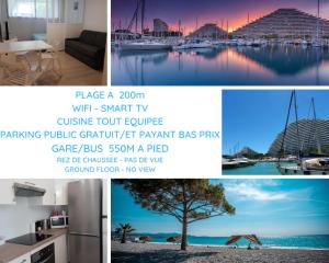 a collage of photos with a view of a marina at Venus - Climatisé - Marina Baie des Anges in Villeneuve-Loubet