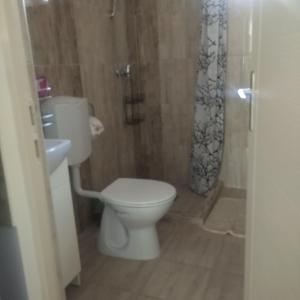 Kaptárkő Apartmanház في ديمجين: حمام مع مرحاض ومغسلة ودش