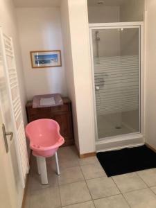 a bathroom with a pink chair and a shower at Gîte de l'hortensia-Charmante maison de campagne au calme in Gourville